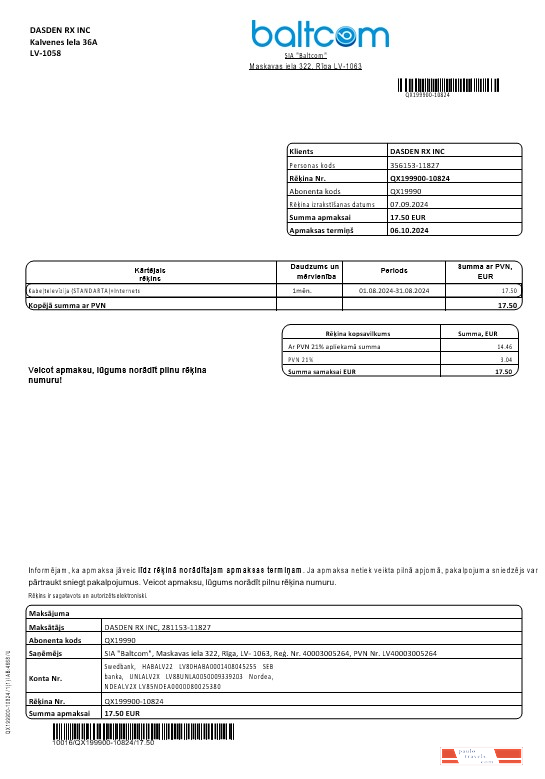Latvia Baltcom telecommunications business utility bill template in Word and PDF formats (Latvian version)